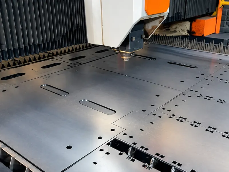 Chapas cortadas a laser na mesa da máquina, prontas para a dobra